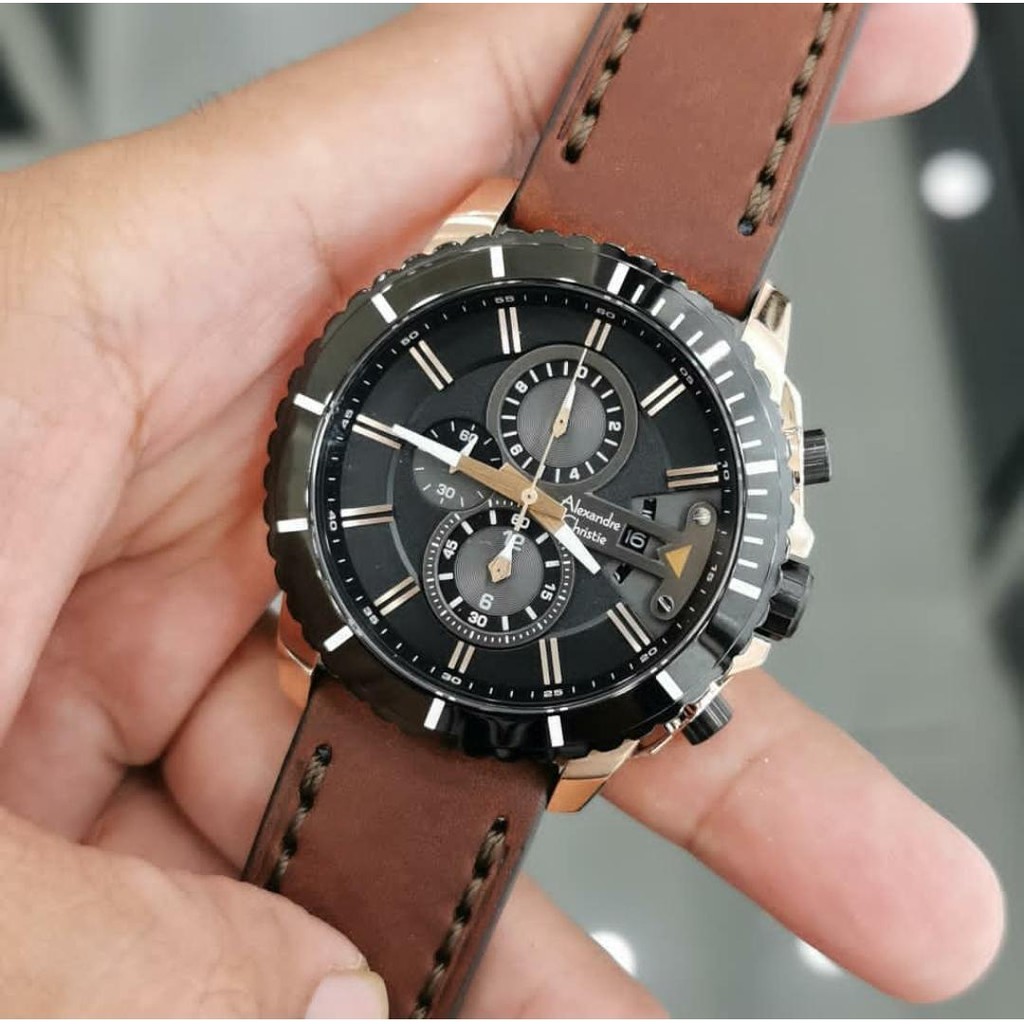 Alexandre Christie AC6527 Original Jam Tangan Pria Tali Kulit Rosegold Black