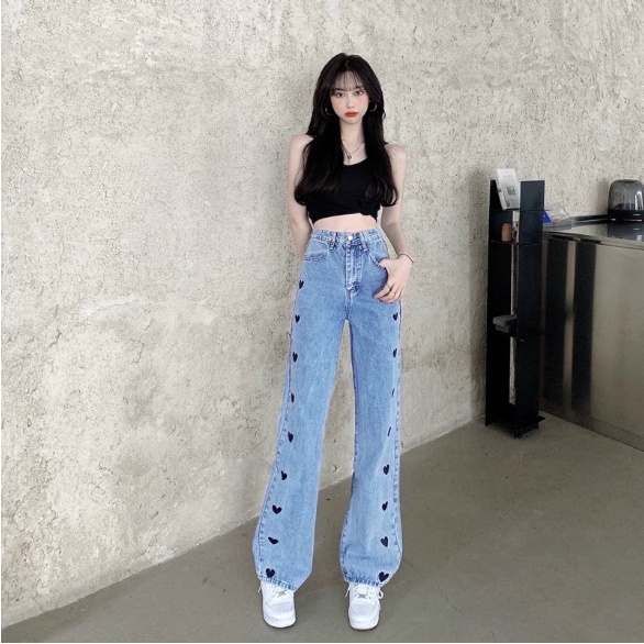 Celana Kulot Jeans Highwaist Love Wanita BF Jeans Bordir Love