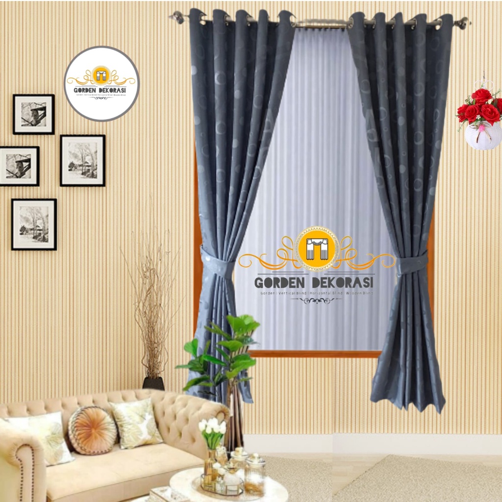 Gorden Jendela Pintu Kamar Tidur Minimalis Panjang Smokring 10 Ring Embos Lokal Polkadot Motif Bonit