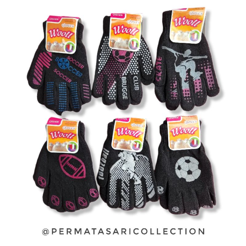 Sarung Tangan Pria Laki Laki Anak Bayi Balita Motif Warna Hitam Rajut Woll Gloves Cuaca Dingin Ukuran Standar Import Wol TK SD