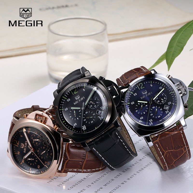 MEGIR 3006 Jam Tangan Pria Analog Chronograph Tali Kulit Luminous WATCHKITE WKOS