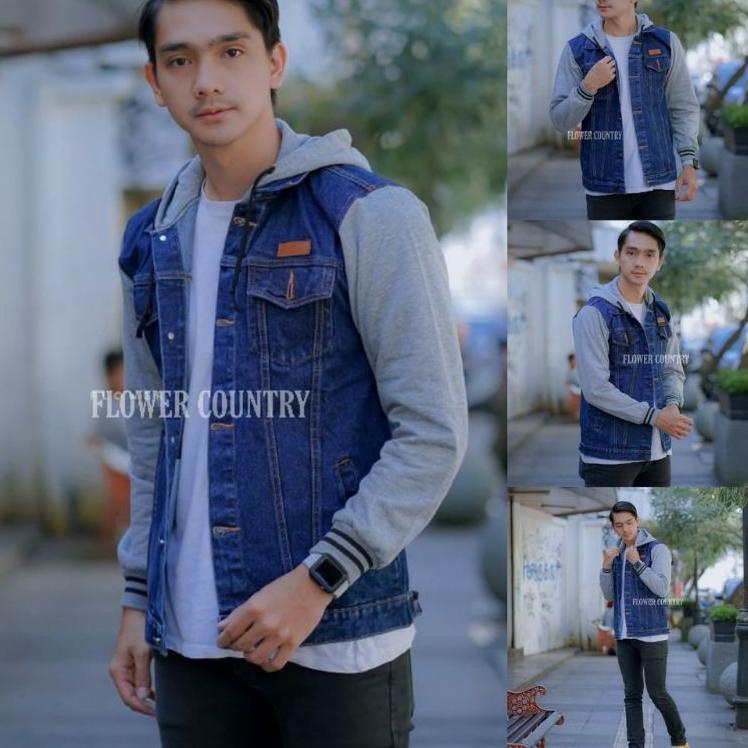TERMURAH  JACKET JEANS DENIM REGLAN PRIA JAKET JEANS BOY HOODIE KOMBINASI FLEECE BIG SIZE L XL XXL