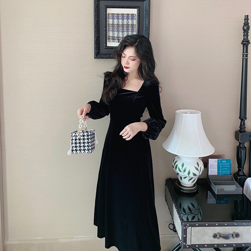 Midi Dress Korea Polos Hitam Lengan Panjang Summer Fashion Terbaru