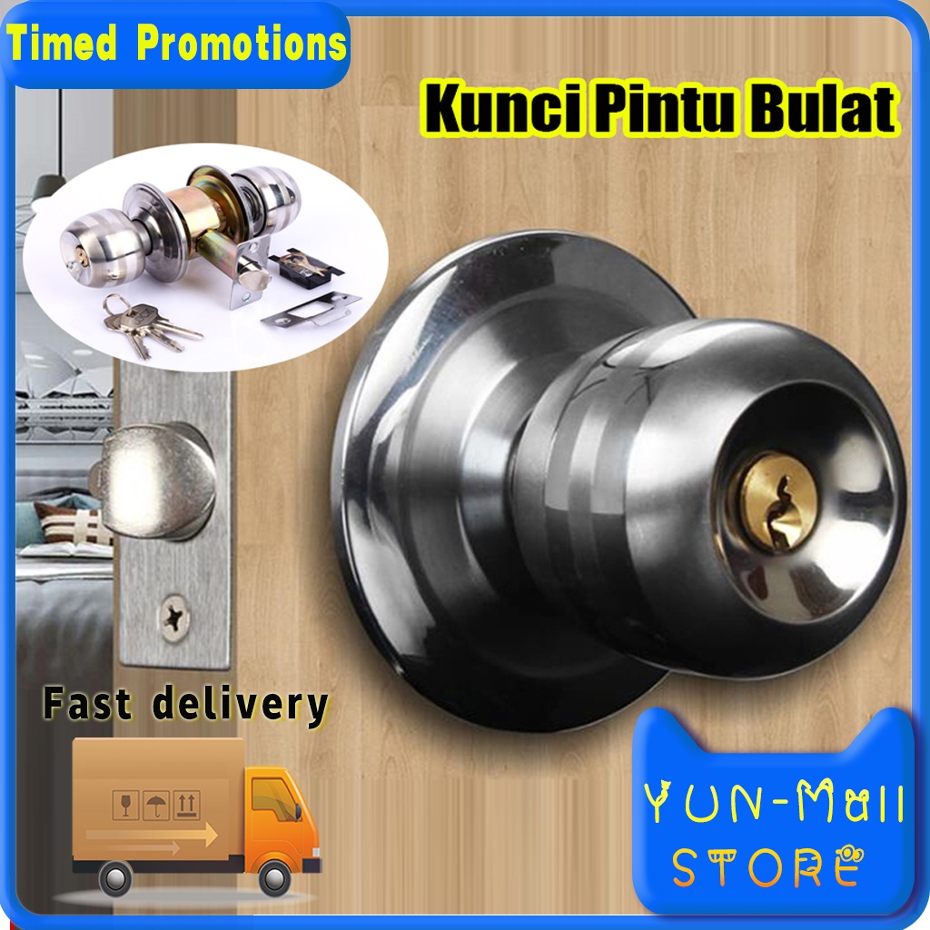 MURAH!!! YUN Mall Kunci Bulat Handle Gagang Pintu Kamar Mandi Silinder Kunci Pintu Kamar Mandi Bulat Bagus Anti Karat / Kuat Awet / Tarikan Gagang Handle Putar Stainless Kunci Pintu Bulat（Bawa 3 Kunci）Tersedia dalam 2 ukuran60/70MM