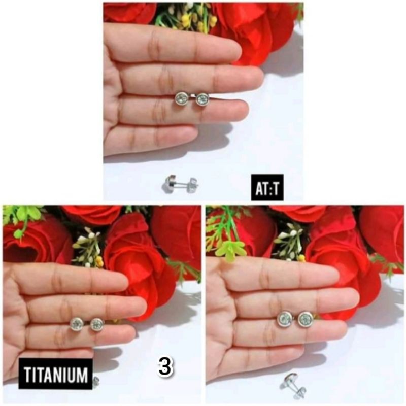 Anting tusuk permata satu Titaniun stainless steel (COD)