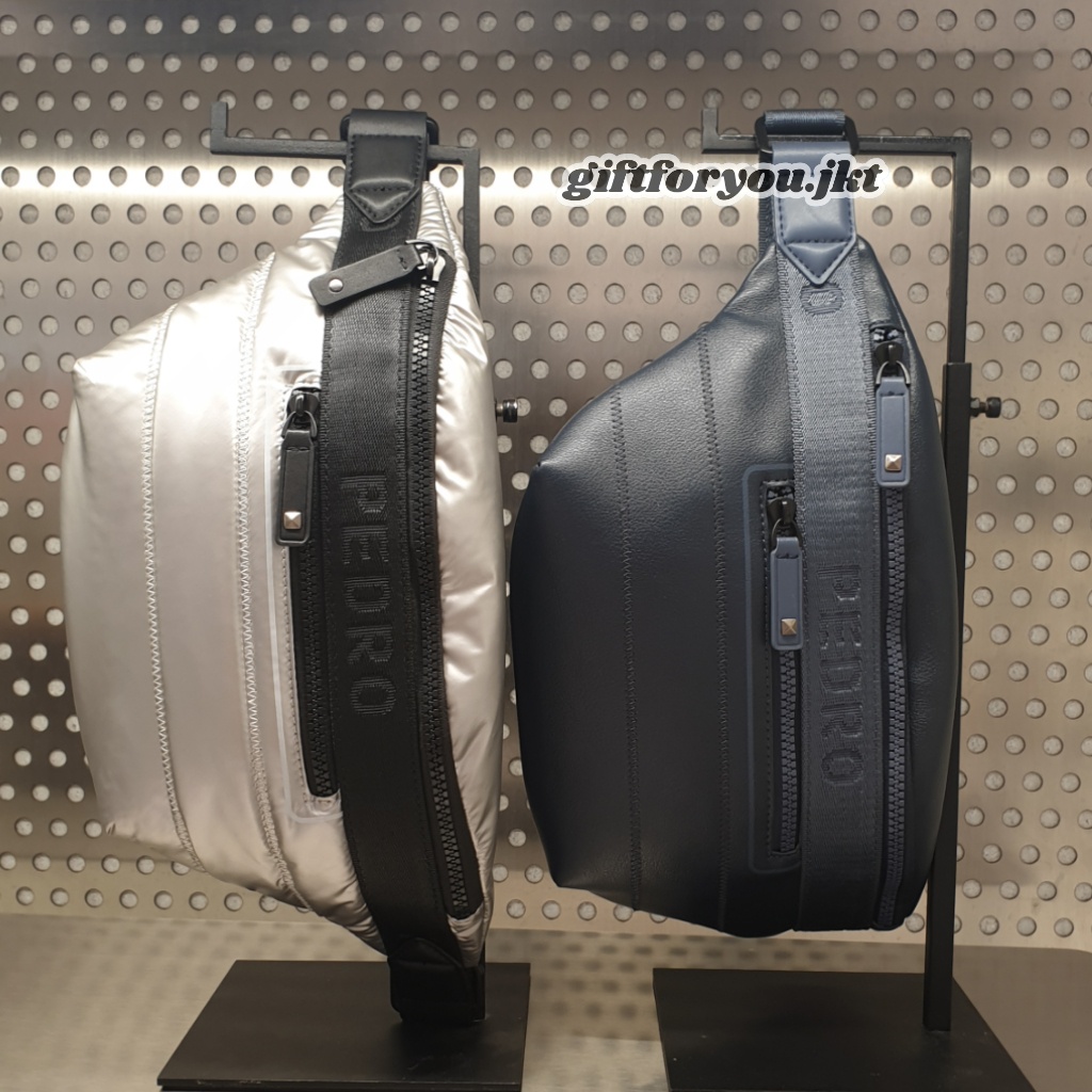 Pedro Tas Pinggang Pria Man Quilted Sling Pouch Bag Original Silver Navy Cowok