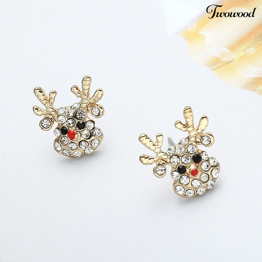 1 Pasang Anting Kait Bentuk Topi Natal Rusa Aksen Berlian Imitasi Bahan Alloy Untuk Wanita