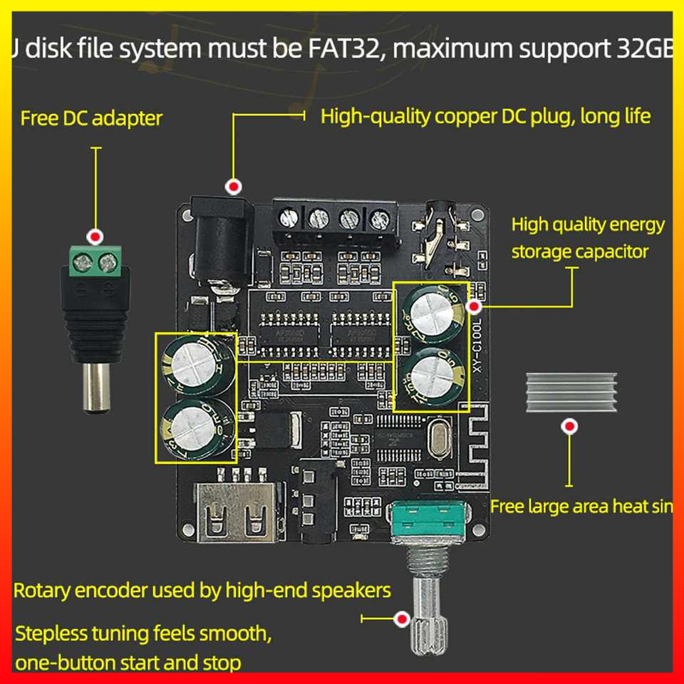 Audio Amplifier Bluetooth 5.0 AUX Dan USB Class D 2x100W Suara Hi-Fi Speaker 20-300 W Sinilink XINYI - 7RSKCTBK