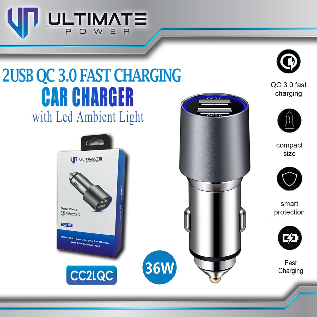 Ultimate Power PD+QC Fast Charging Car Charger with LED Ambient Light original100%asli