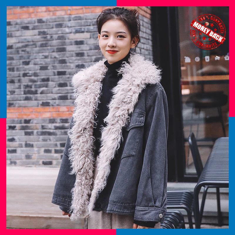 Jaket Denim Wanita Import Unua amo Fleece Denim Jacket Female Thick Warm Fur Collar Parka 2021 Korea