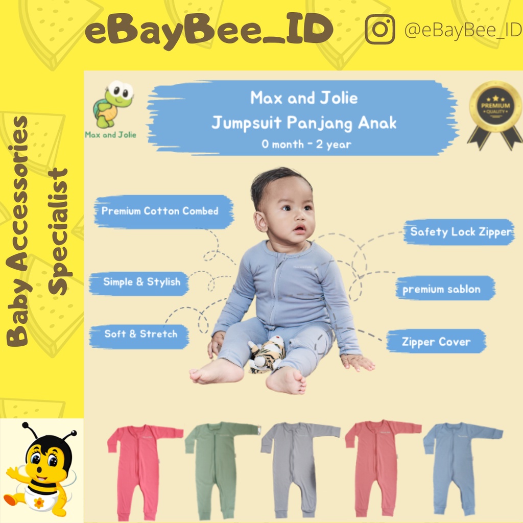 eBayBee_ID X Max and Jolie Jumpsuit Panjang (0 - 2 tahun) - Sleepsuit Piyama Jumper Zipper Romper Bodysuit Tidur Anak Bayi Laki - laki | perempuan | baju tidur piyama lengan panjang nyaman di kulit bayi sensitif awet kuat tahan lama