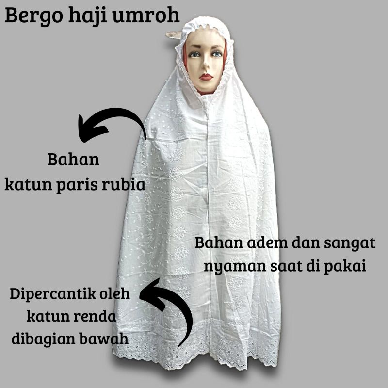 KERUDUNG BERGO PUTIH/ PERLENGKAPAN HAJI DAN UMROH WANITA/ATASAN WANITA /BERGO WANITA/BERGO PANJANG H