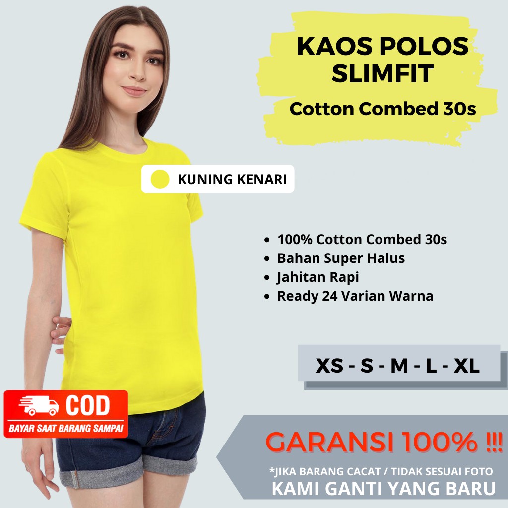 Baju Kaos Polos Wanita Slimfit Lengan Pendek Ketat Kaos Oblong Cewek Cotton Combed 30S Warna Kuning