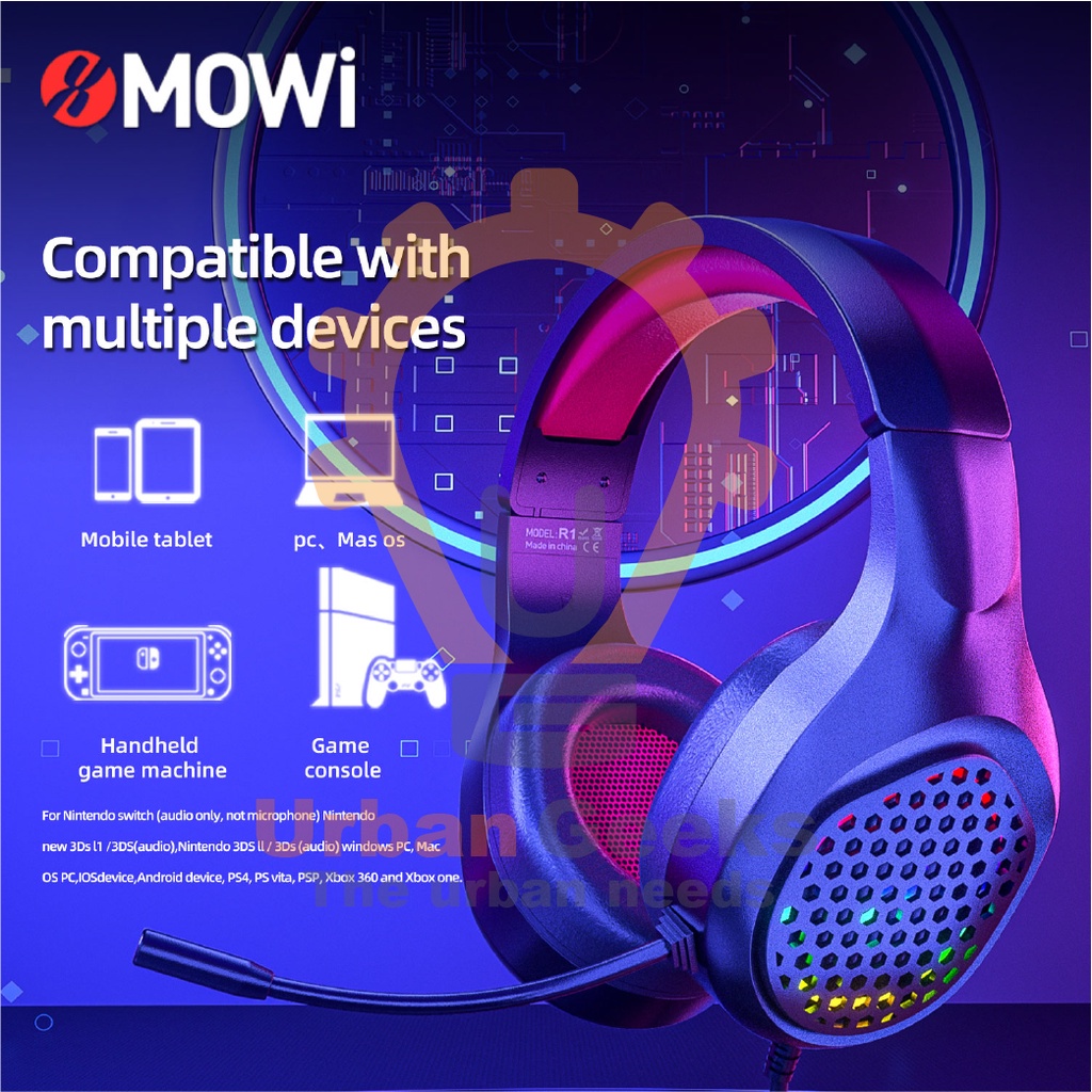 Gaming Headset RGB Over Ear Rotatable Long Mic Plextone xMowi R1