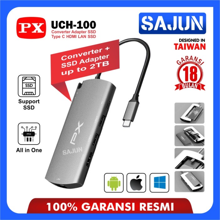 PX UCH-100 Converter Adapter SSD 2TB Type C to USB HDMI LAN 6 In 1