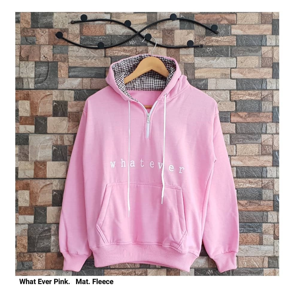 HOODIE WANITA . WHATEVER HOODIE . SWEATER WANITA . SWEATER MURAH . HIJAB OUTFIT . KOREAN STYLE-pink
