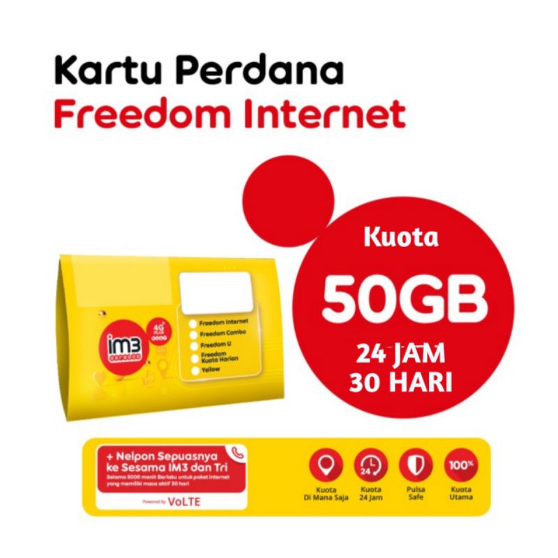 PERDANA FREEDOM INTERNET 50GB 24 JAM 30 HARI KUOTA UTAMA 50 GB 24 JAM IM3 OOREDOO