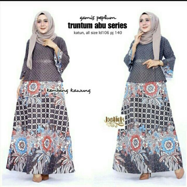 Gamis Peplum Truntum Abu Series Batik Long Maxi Layer Seragam Pesta Kondangan Kekinian Cantik Muslim