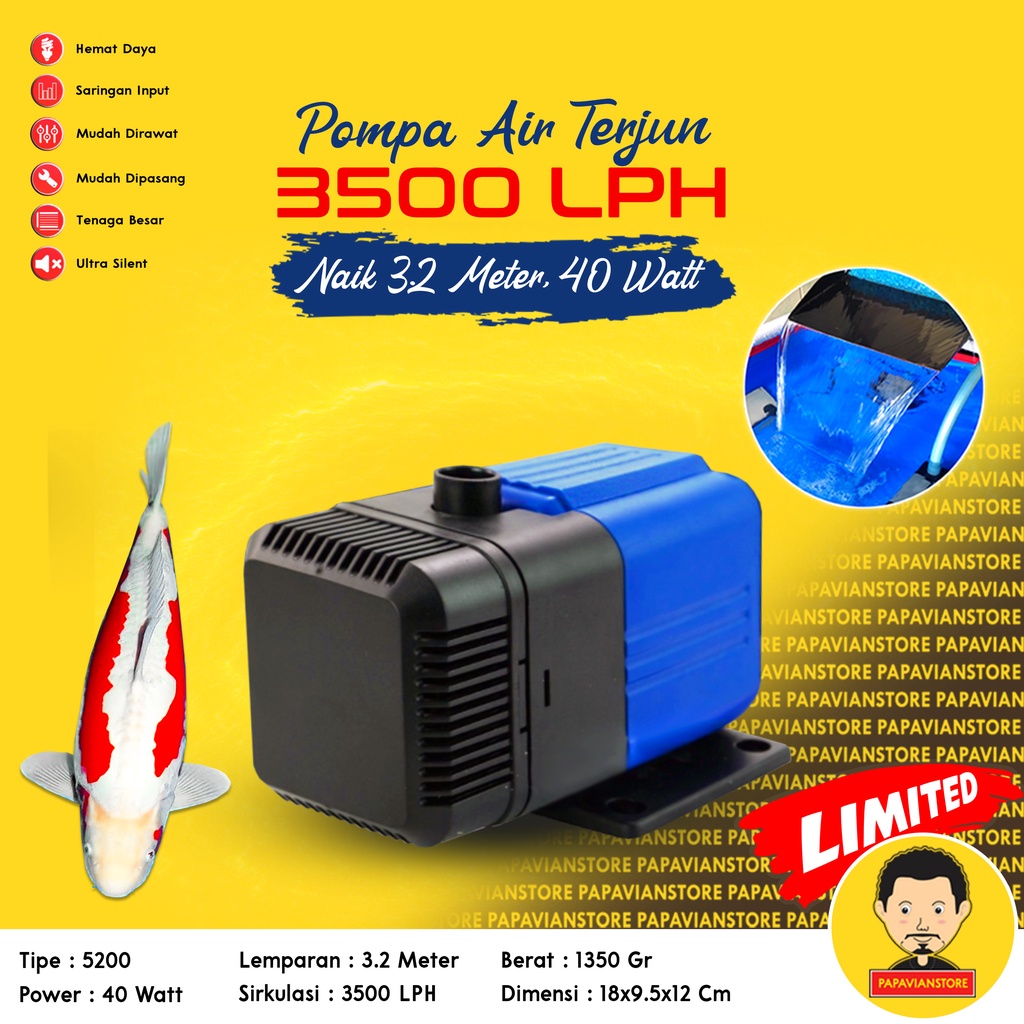 Pompa Mesin Filter Air Celup Kolam Ikan Koi Aquarium Low Watt Submersible Water Pump Waterfall Air Terjun Hias Hidroponik Hydroponic - 1700 2000 3000 LPH Liter Per Jam 3 Meter Rendah Daya Ketinggian 3m P020