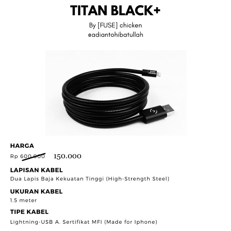 Kabel Lightning Terkuat di Dunia Iphone Titan Black+ By FUSE chicken