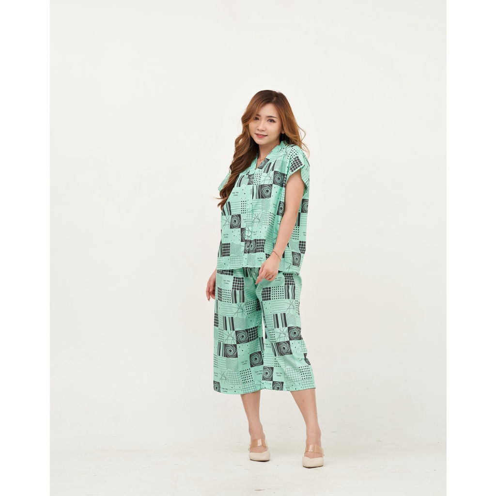 IZANY Piyama Dewasa Kimono Kulot / SET Kimono Kulot V Banyak Motif-RASI GREEN
