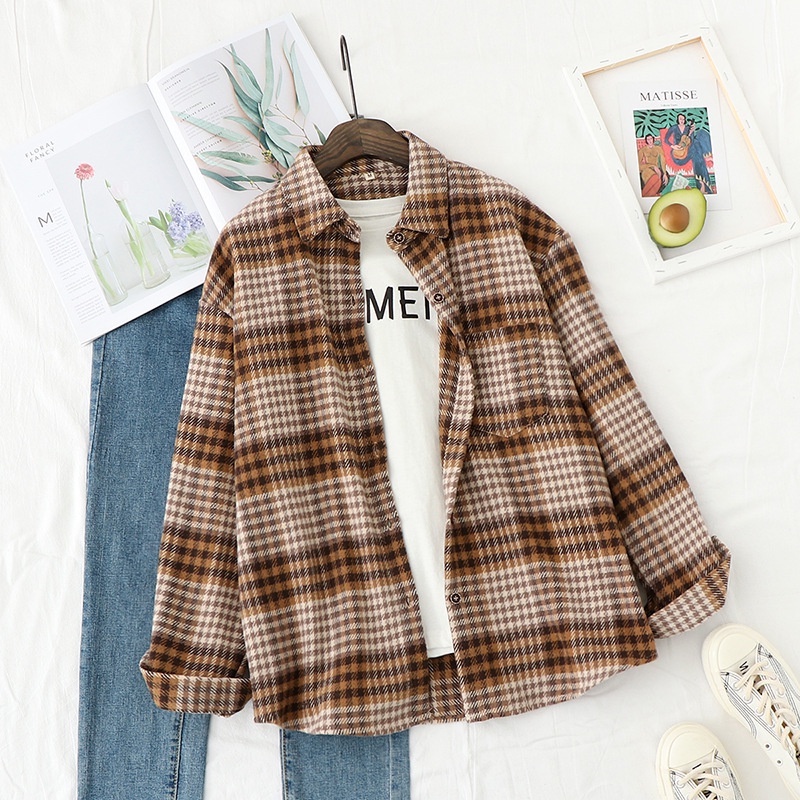 kemeja wanita Korea plaid shirt oversize retro panjang lengan semua pertandingan-612cokelat