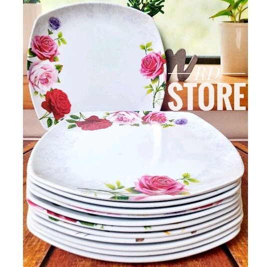 PROMO 12.PCS PIRING PERSEGI CEPER PRASMANAN MELAMINE MOTIF ROSE