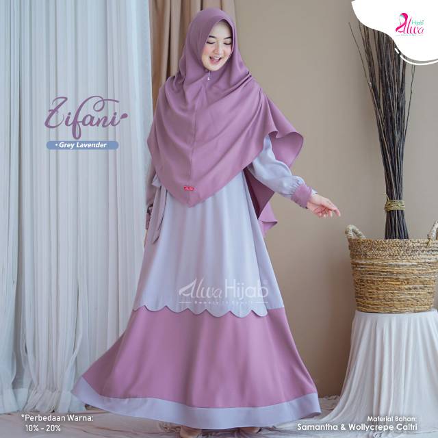 (SET SIZE L) Zifani Set Grey Lavender by Alwa Hijab ORI / Gamis Set / Gamis Exclusive