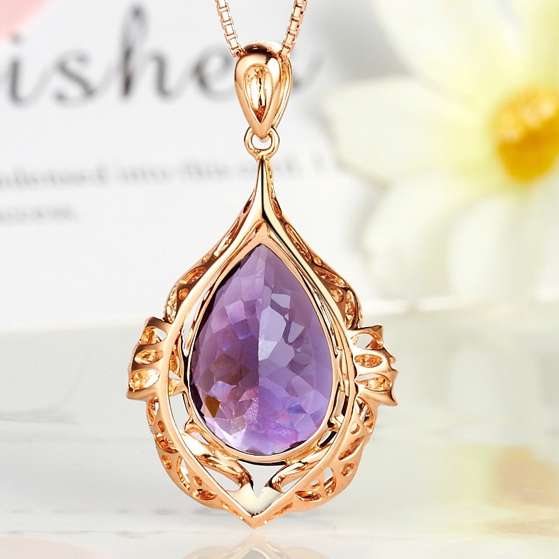 [Ready Stock]Fashion Inlaid Amethyst Hanging Luxury Micro Inlaid 18K Rose Gold Necklace