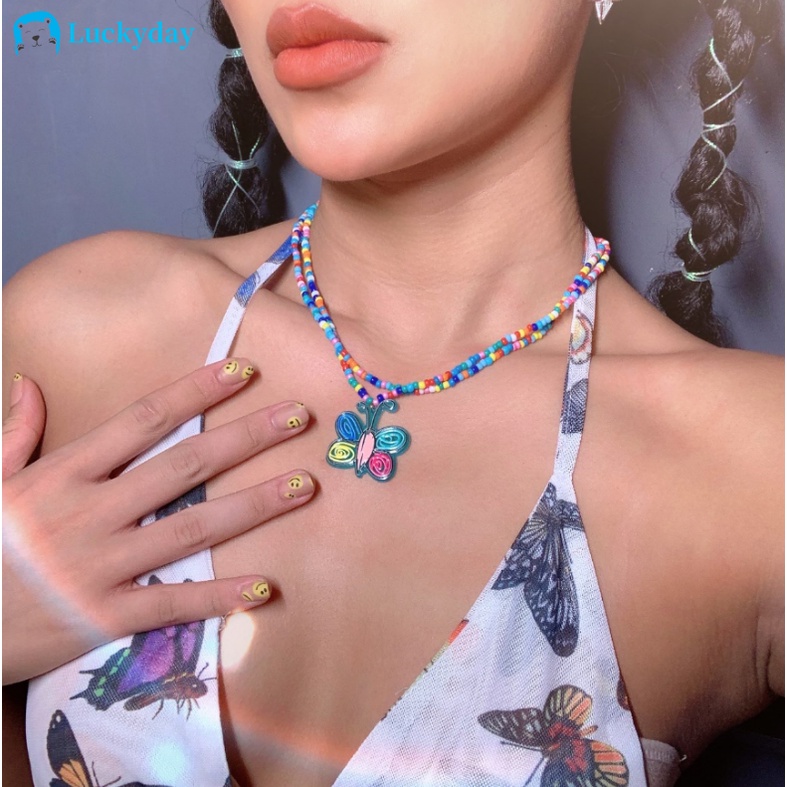 YEEZII Fashion Beads Necklace Colorful Butterfly Flower Pendant Chain Necklaces Bohemian Multilayer Choker Necklace for Women Accessories Jewelry