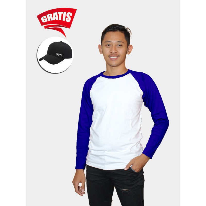Vallenca Kaos Raglan Pria Polos Biru Putih Gratis Topi