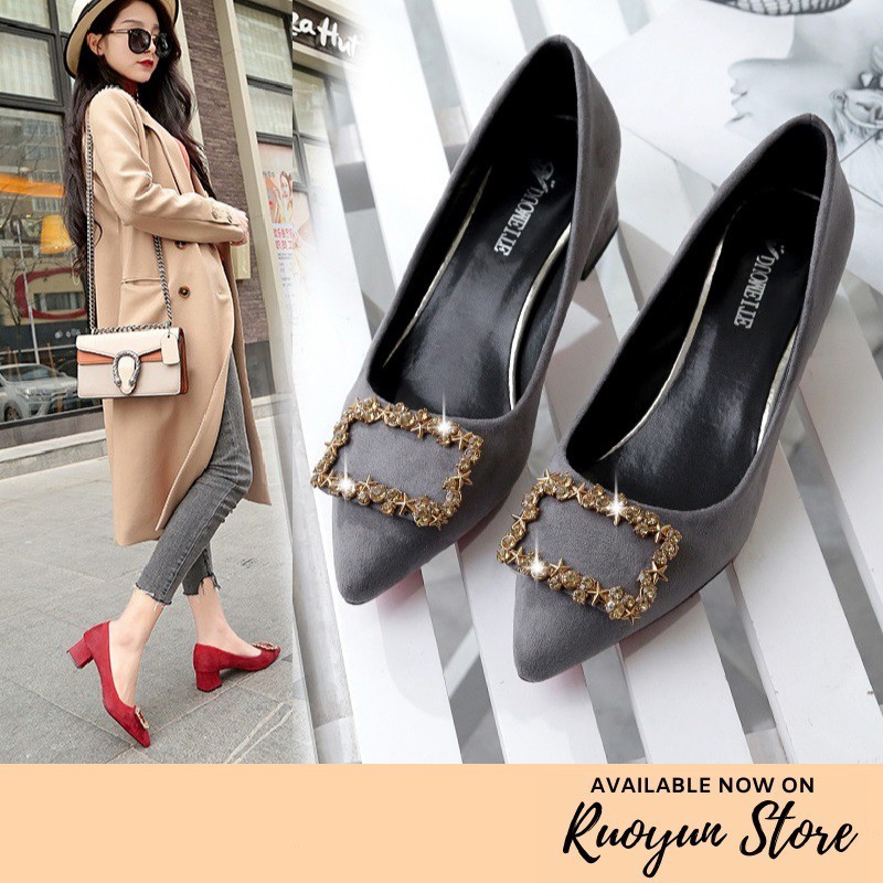 RYS - Square Buckle Sepatu Korea Hak Tahu Casual/Kantoran - Ori Import