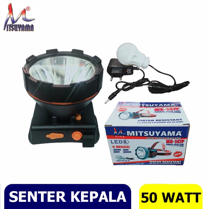 Senter kepala mitsuyama Ms-147k Ms-147P 50watt cahaya kuning dan PUtih Water Resistant murah berkualitas Headlamp Free Bohlam 7WATT (BONUS) GRATIS