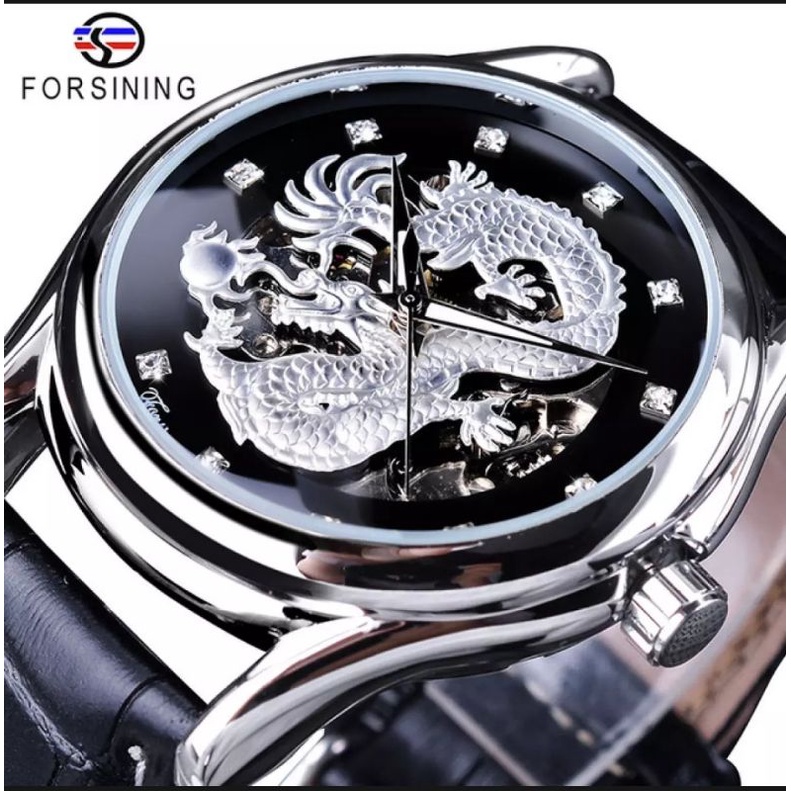 Jam Tangan Mekanik Forsining Original Motif Naga Transparan Skeleton Warna Silver Black