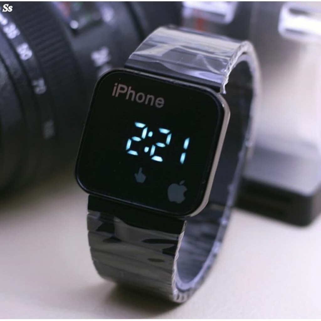Jam Tangan Iphone LED Layar Sentuh Rantai Warna Full Hitam