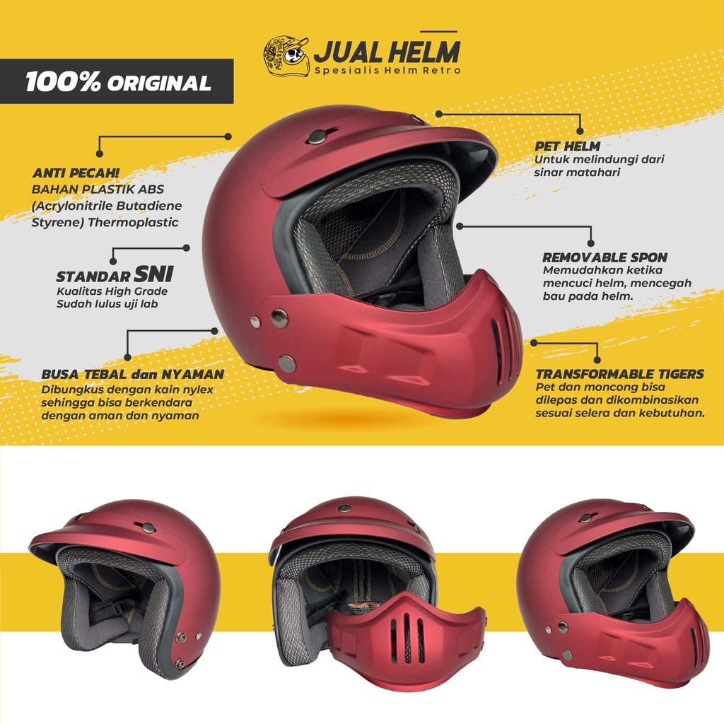 Helm Retro Cakil Modular Merah Doff / Red (Vespa / Klasik / Vintage)