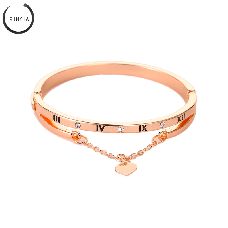 Luxury Gelang Stainless Steel Bracelets Bangles Female Heart Bracelet Rumbai Dengan Angka Romawi