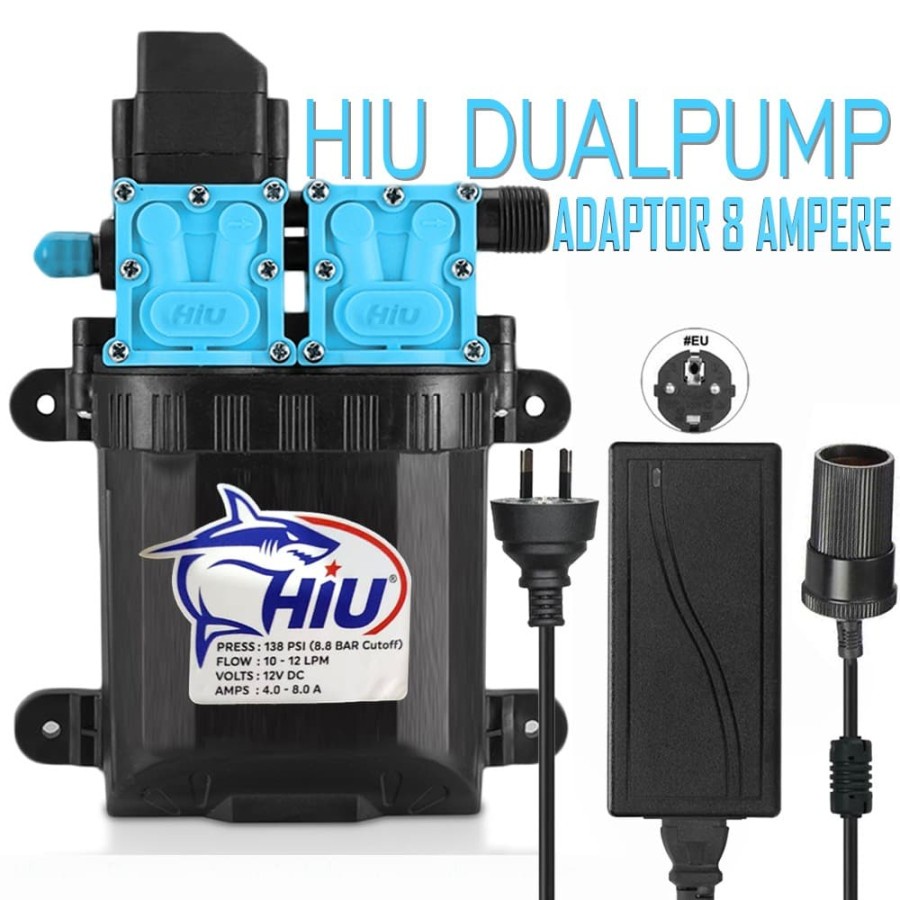 pompa air DC Hiu dual pump plus power adaptor DC 8A socket lighter