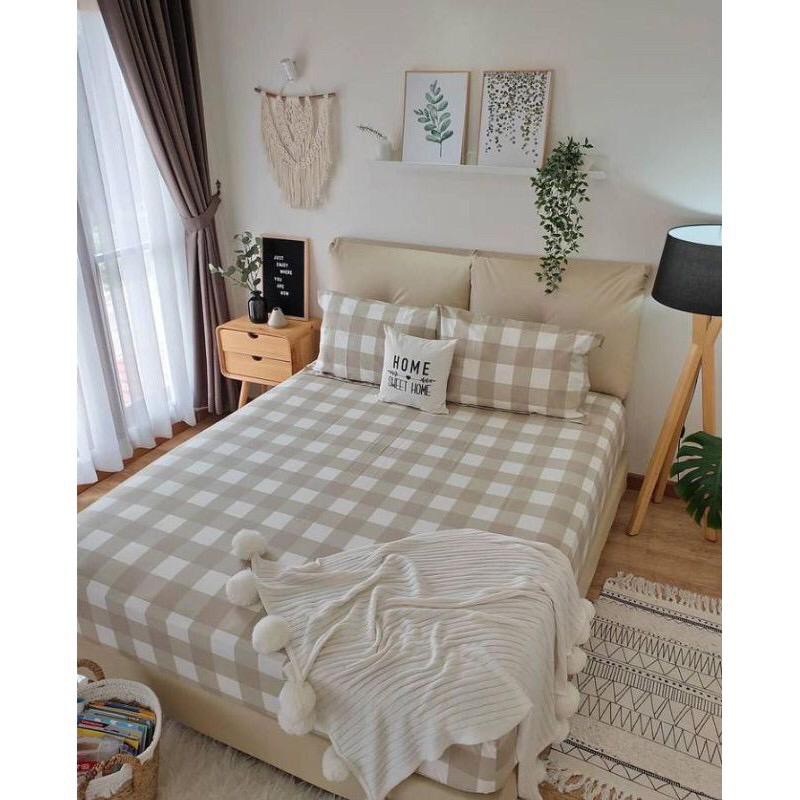Bedcover Set Sprei Katun Lokal Motif Emily Khaki Sprei Kotak Sprei Aestetik Uk Double 180x200 160x20