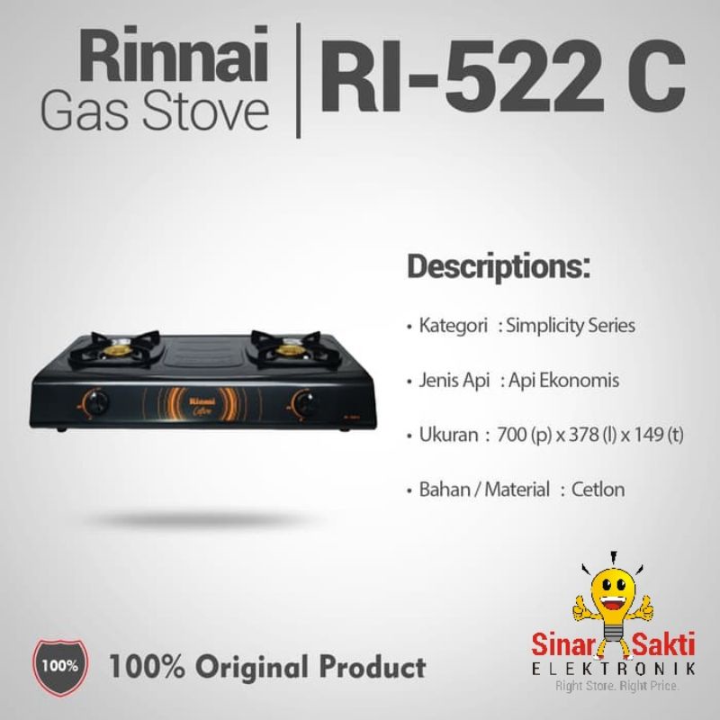 Rinnai Kompor Gas 2 tungku RI 522 C RI522 Garansi Resmi Ri-522C