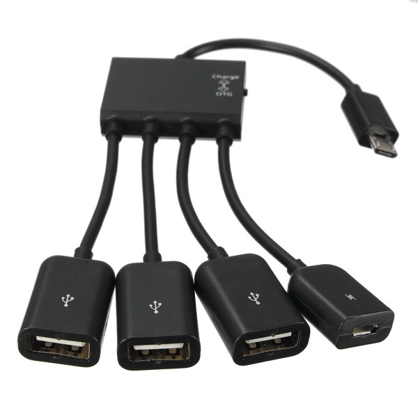 Micro USB OTG Hub Multifunction 4 in 1 Data Cable &amp; Charger - Black