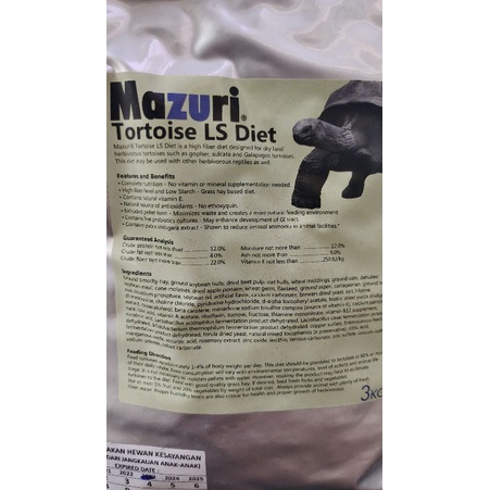 Mazuri LS Diet 3kg/Mazuri LS Diet Pelet Kura Darat Tortoise/MAZURI LS DIET 3KG