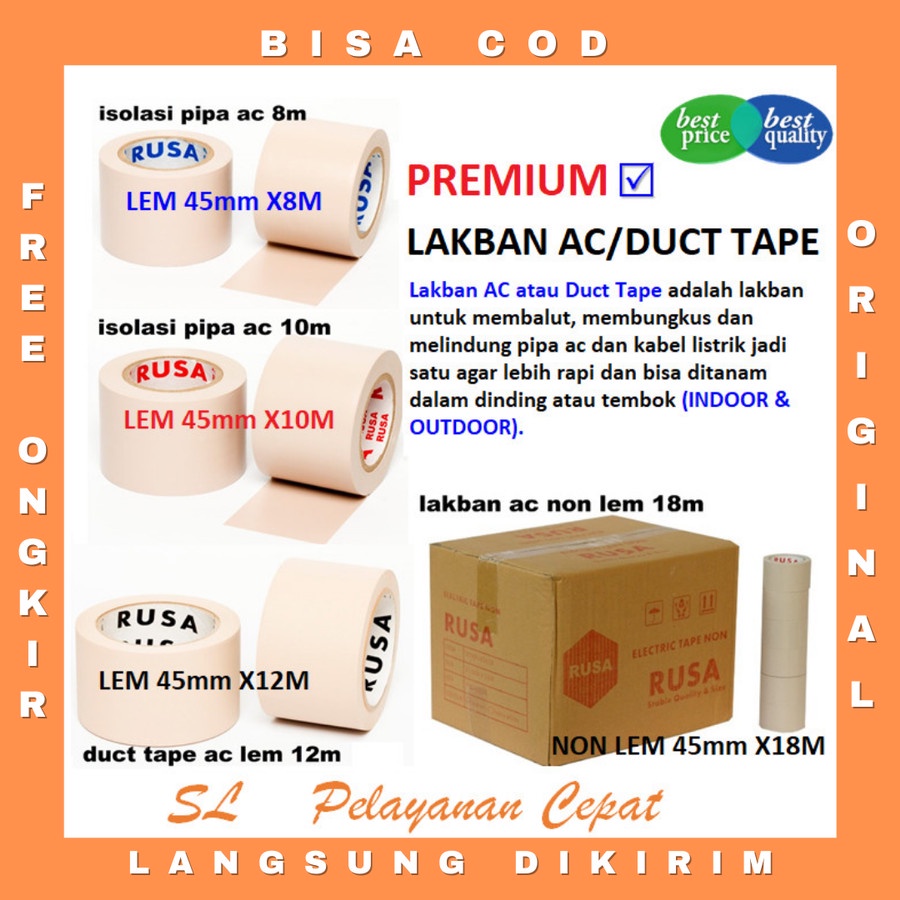 Lakban AC Isolasi Duct Tape Rusa Tipe Lem &amp; Non Lem Lakban Panas Pipa AC Indoor Outdoor