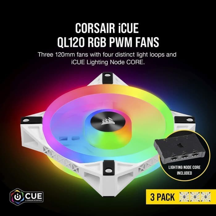 Corsair iCUE QL120 RGB - WHITE 12CM PWM 3 Pack + Lighting Node CORE NEW