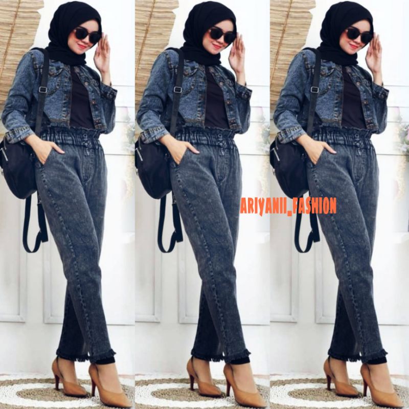 ARN - JAKET WANITA JULIZAR SETELAN CELANA JEANS ONE SET JACKET CROP OUTFIT CASUAL OOTD CEWE ORIGINAL Jins