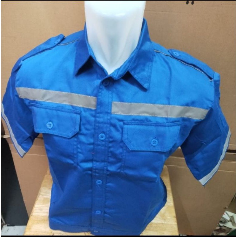 BAJU  SERAGAM KERJA PROYEK/BAJU SAFETY PENDEK BIRU 100%ORIGINAL.