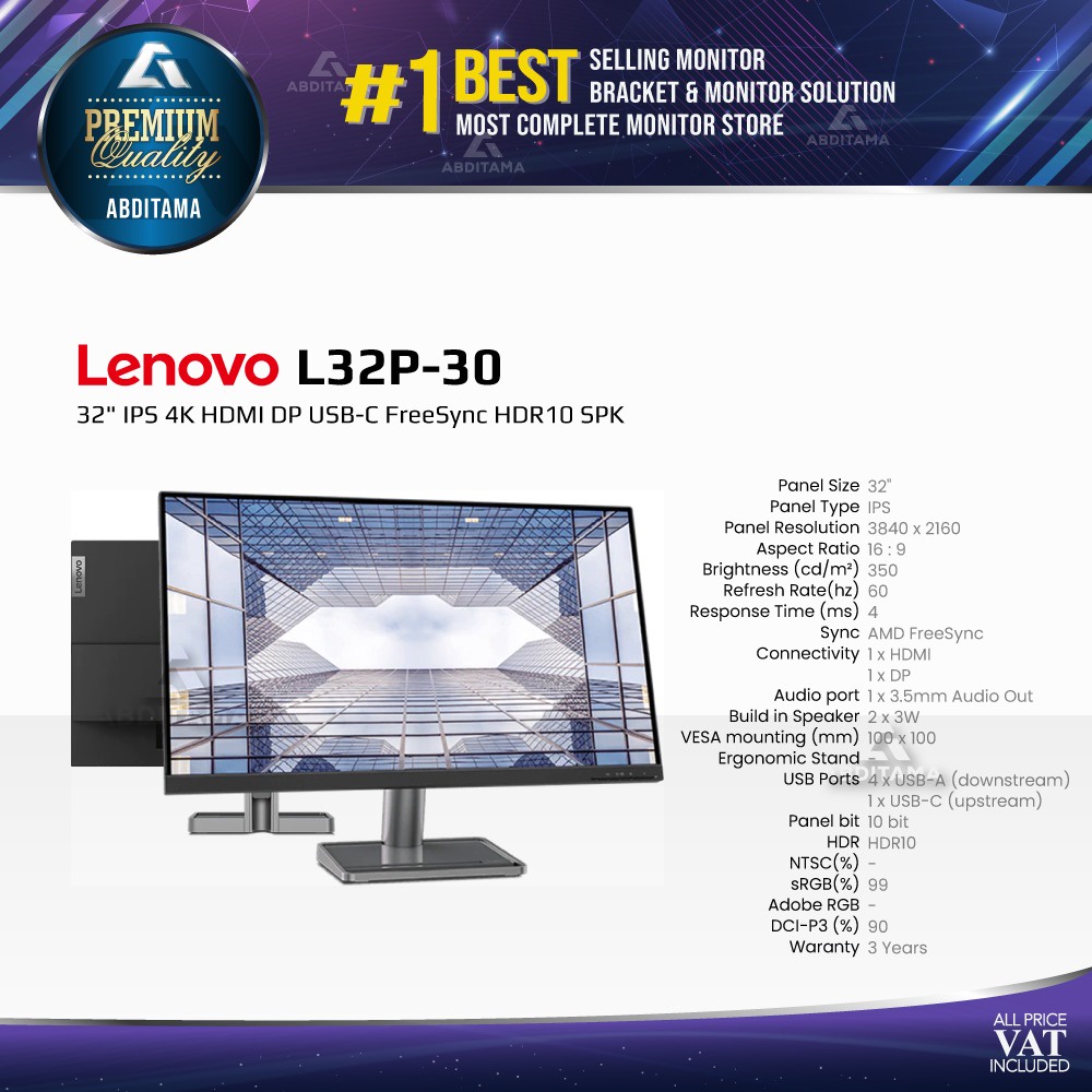 Monitor LED Lenovo L32P-30 32&quot; IPS 4K HDMI DP USB-C FreeSync HDR10 SPK