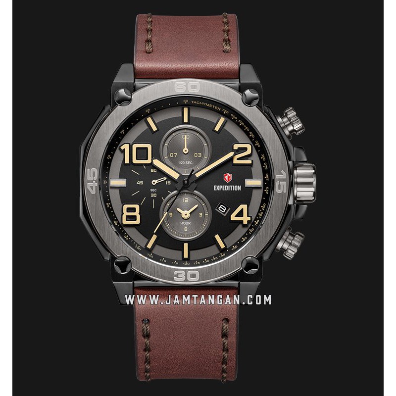 Expedition E 6766 MC LEPBA Chronograph Man Black Dial Brown Leather Strap