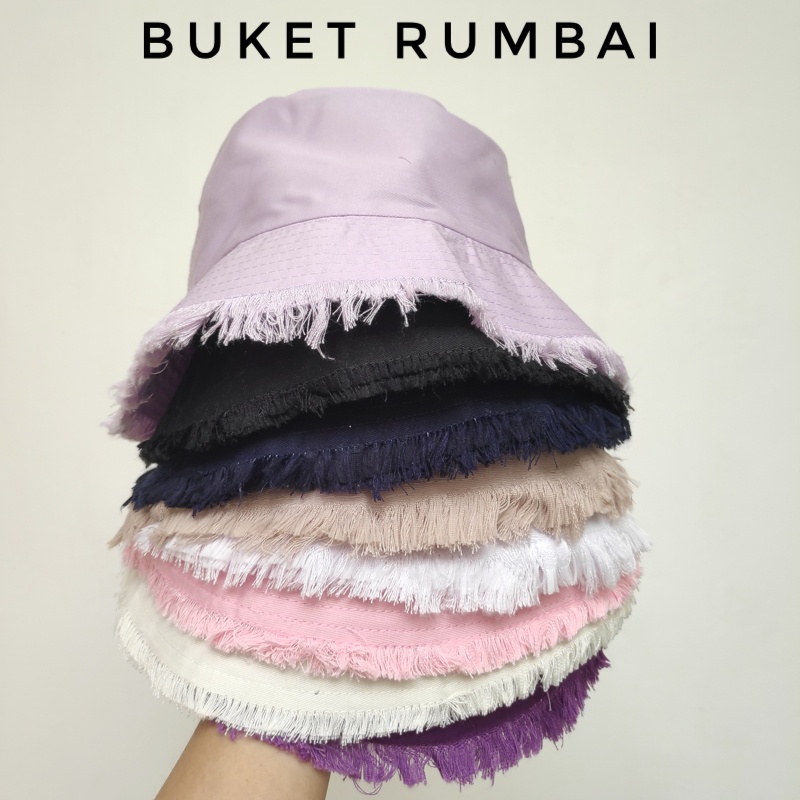 topi buket rumbai wanita warna hitam putih lilac pink polos model rawis - bucket hat cewek bagus mur
