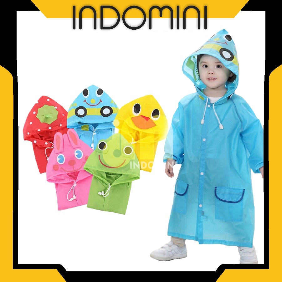 INDOMINI Jas Hujan Anak Perempuan Laki Laki Ransel Motif Karakter Lucu - Raincoat Anak Terusan Kantong Karakter R759